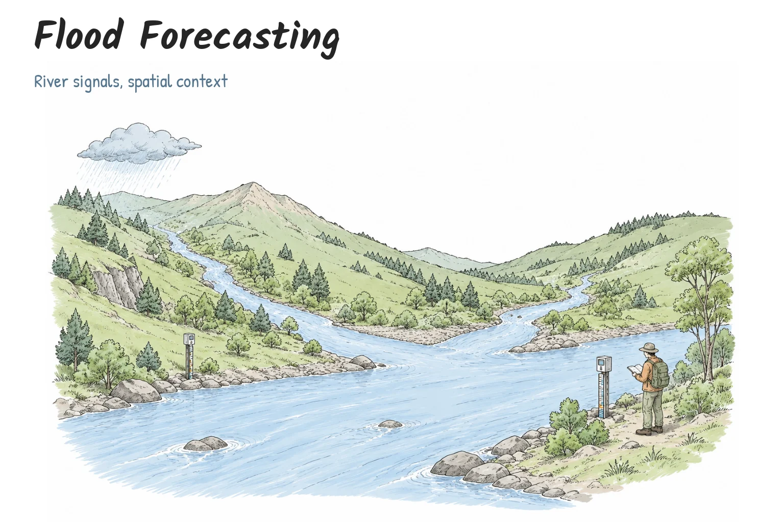Hand-drawn river catchment with observation gauges, rain and terrain