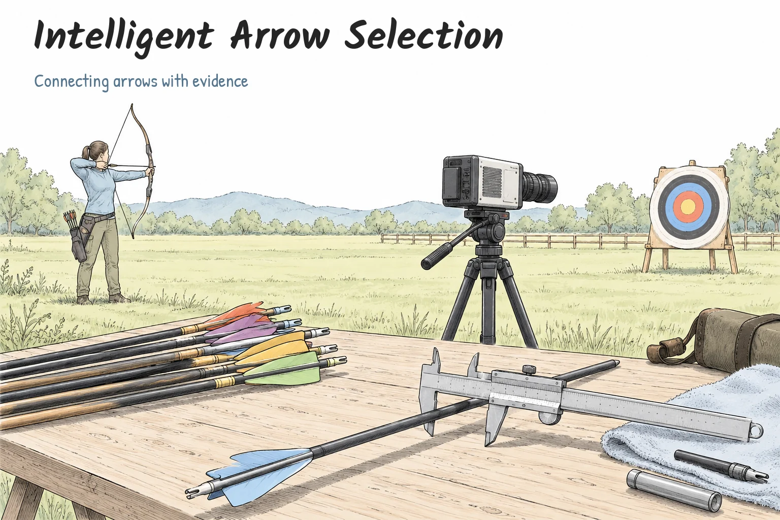 Hand-drawn archery range, arrows, a caliper and a high-speed camera