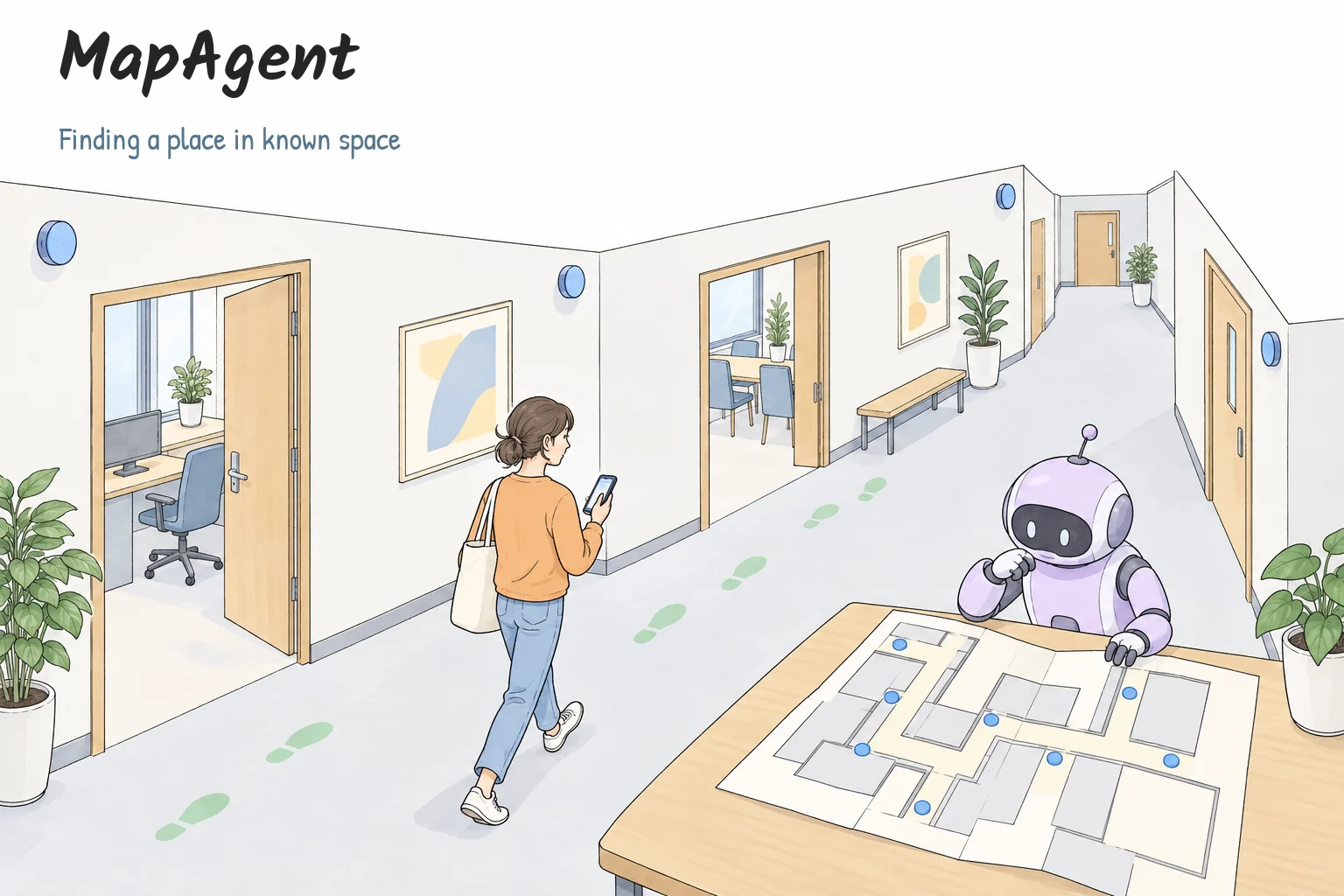 Hand-drawn indoor localisation scene with a person, a floor plan and a small agent