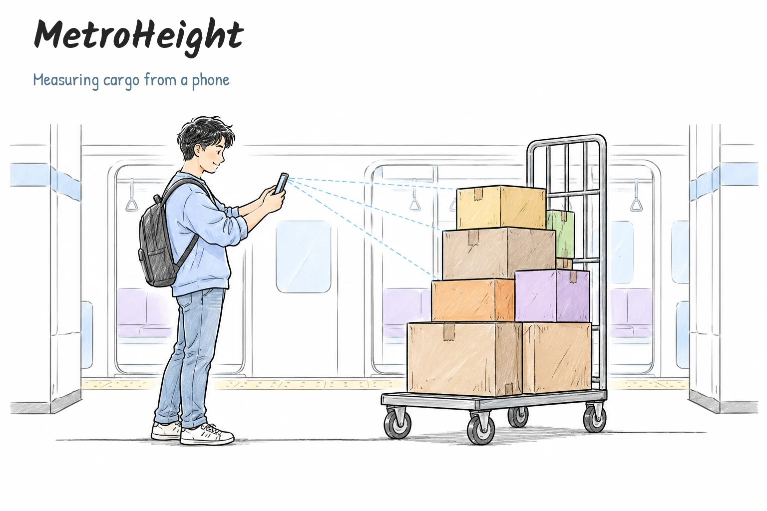 Hand-drawn scene of a phone measuring cargo on a trolley in a metro station
