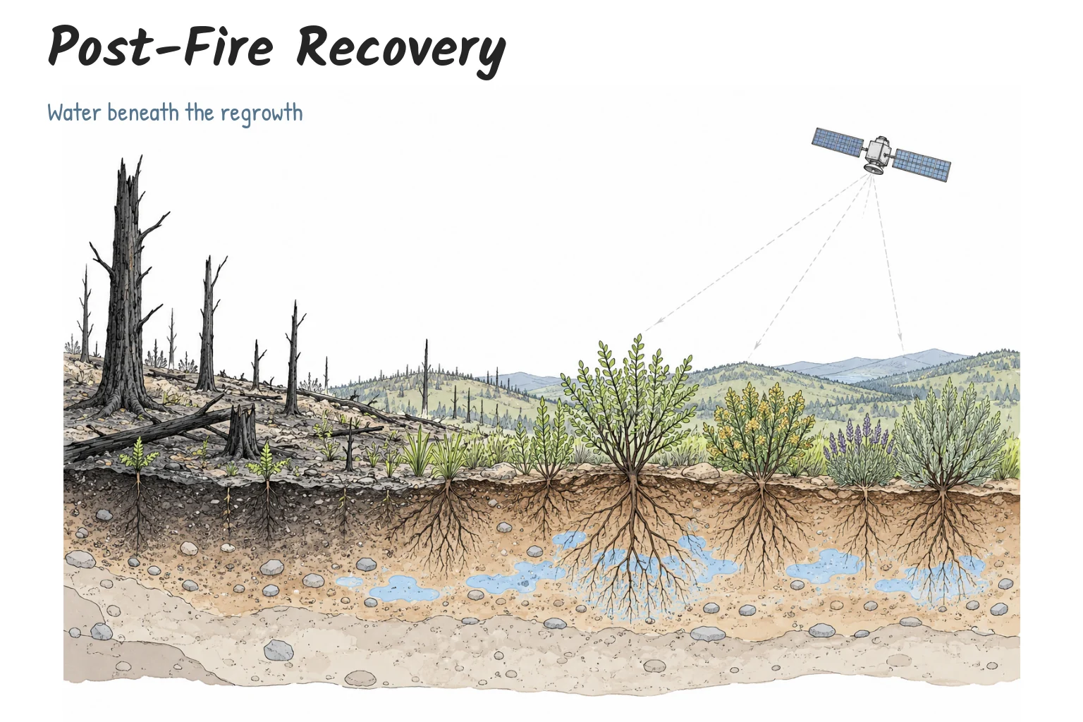 Hand-drawn post-fire vegetation and a soil-water cutaway