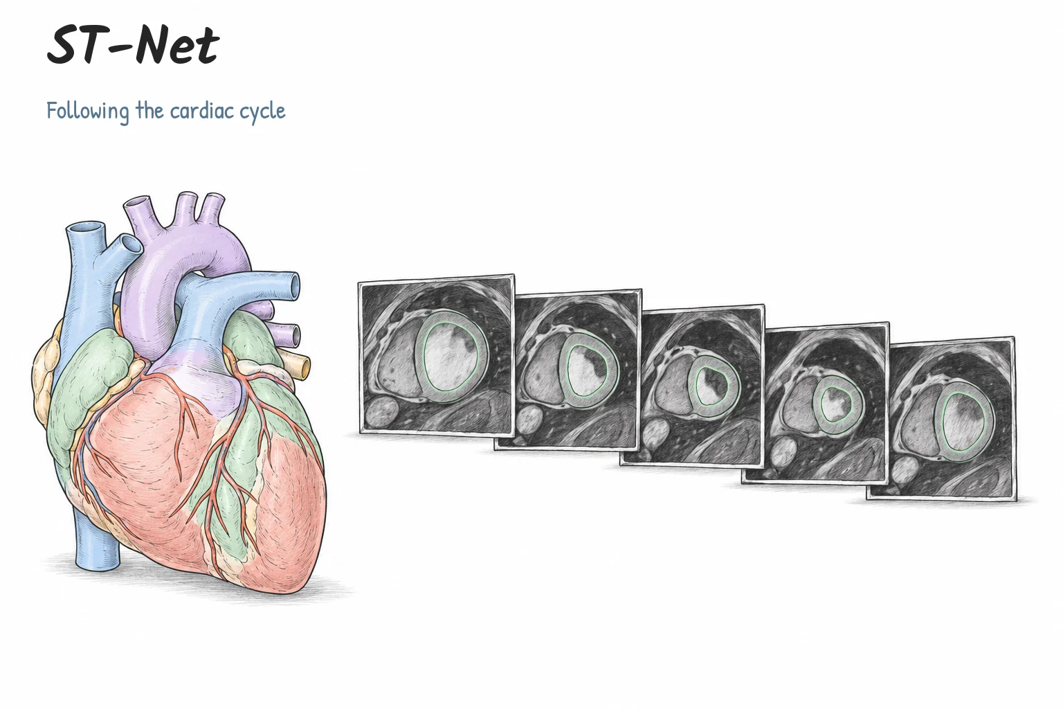 Hand-drawn cardiac anatomy and a sequence of conceptual cine MRI frames