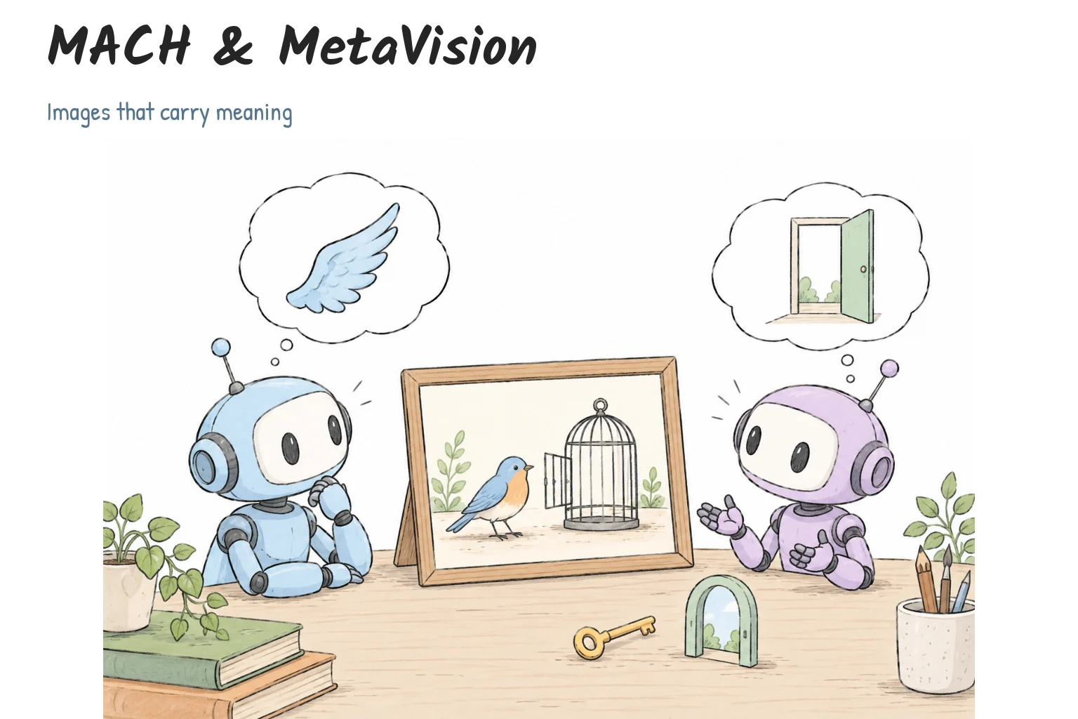 Hand-drawn agents discussing the meaning of an image and a visual metaphor