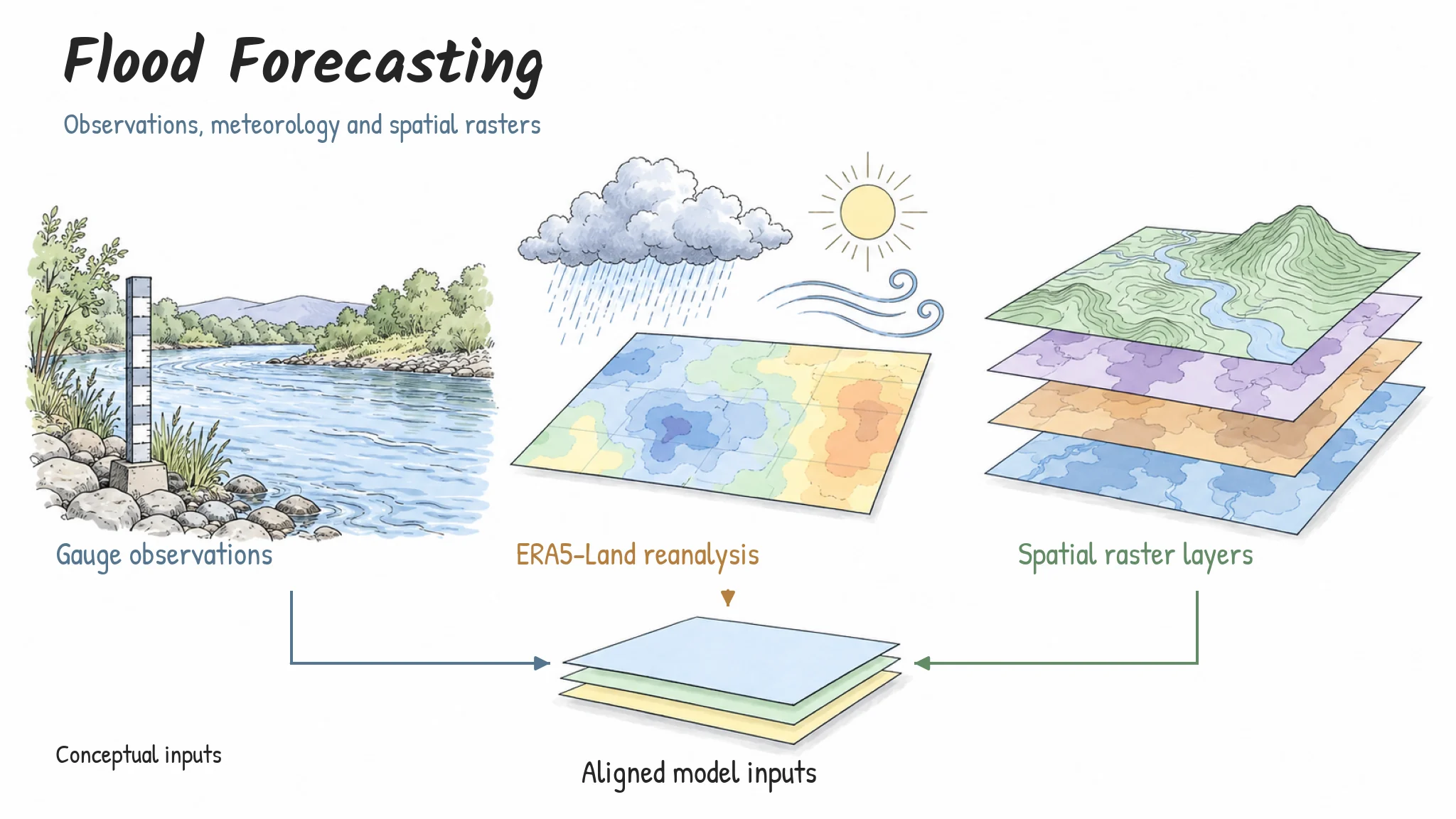 Gauge observations, ERA5 reanalysis and geospatial raster layers provide temporal and spatial context. These are schematic inputs, not exported research data.