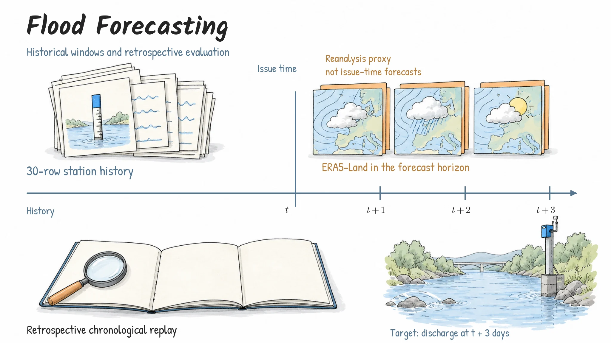 Historical observations precede a three-step discharge target. ERA5 values in the forecast horizon are available as retrospective reanalysis; operational forecasting would require a corresponding weather-forecast input.